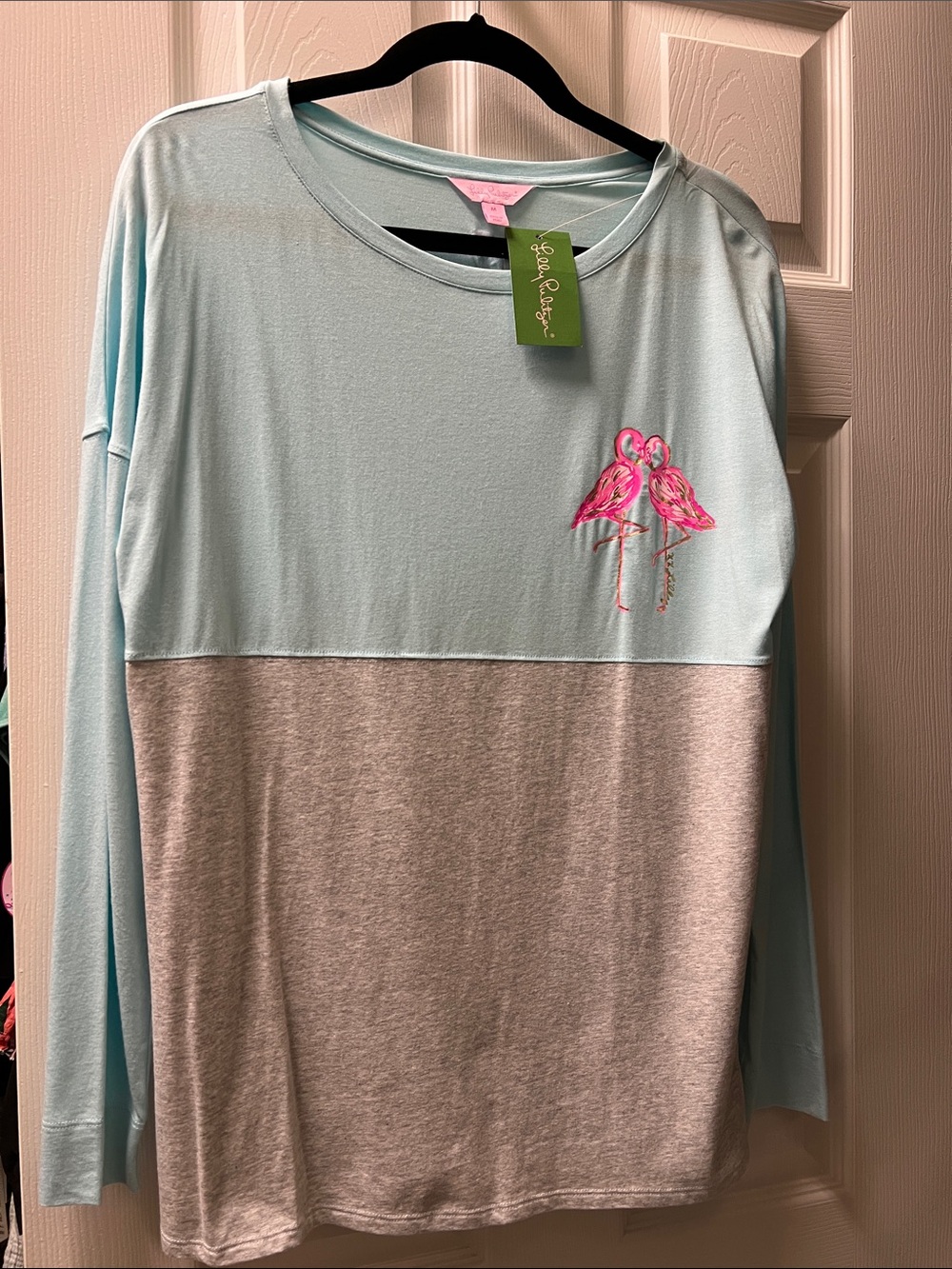 Lilly Pulitzer Aqua & Gray Colorblock Long-Sleeve Top with Pink Flamingo